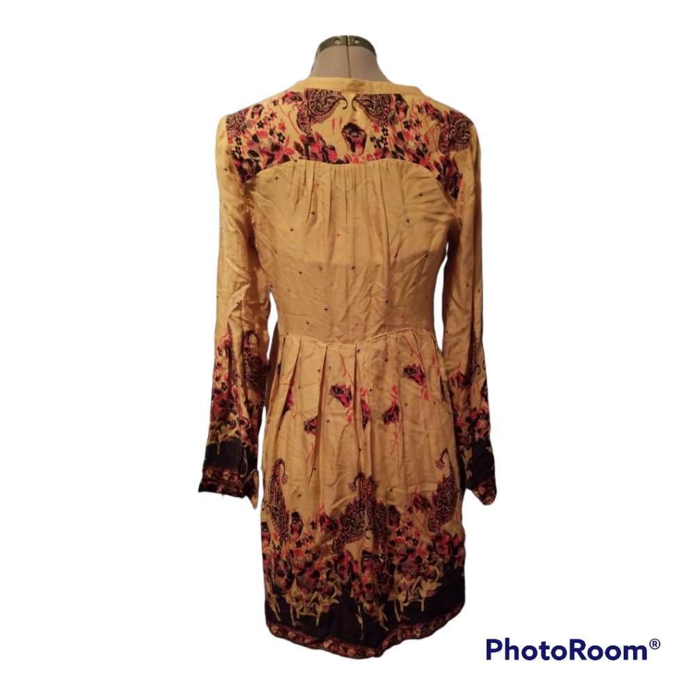 Free People Size Small Gold Paisley Print Sierra Valley V-Neck Boho Style Dress - Picture 4 of 6